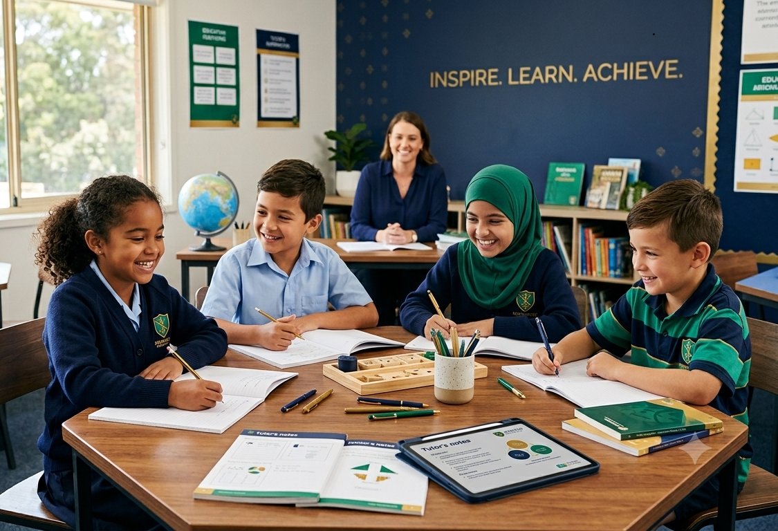 Students learning together in a bright classroom